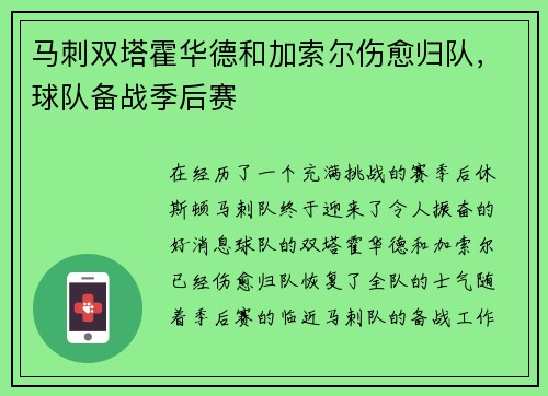 马刺双塔霍华德和加索尔伤愈归队，球队备战季后赛